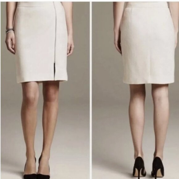 Banana Republic Boucle Side Zip Cream Wool Front Gold Zipper Pencil Skirt - Picture 3 of 3